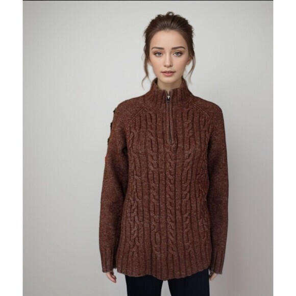 Fossil Cable Knit Sweater Women Sz M Brown Lambswool Blend Fisherman Grandpacore - Picture 1 of 13